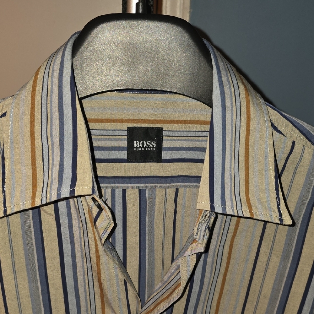 BOSS Men's Striped Shirt - Blue and Tan